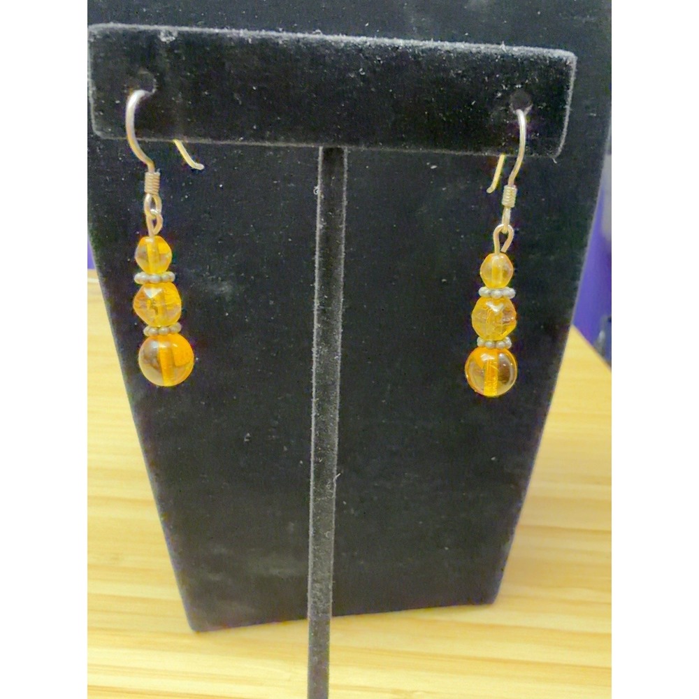 Amber Color Beaded Dangle Earrings Orange Honey Drop Silver Tone Hooks